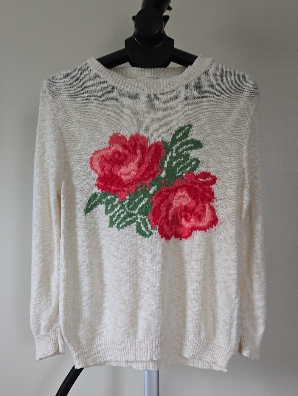 Zara White Crewneck Sweater with Pink Rose Motif